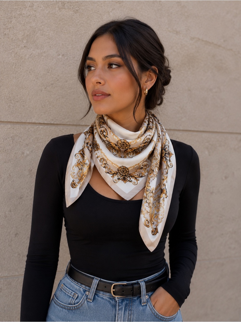 Othr Cream and Gold Baroque Silk Scarf